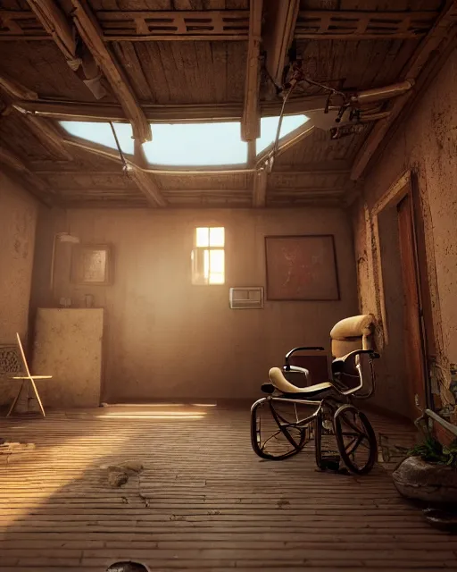 Image similar to artstation scifi scene a chinese village old ward, one ceiling fan, wheelchair, crutches, bed, dust, paneled walls, window, summer unreal engine 5, hyper realism, realistic shading, cinematic composition, blender render, octane render, hdr, detailed textures, photorealistic, wide shot