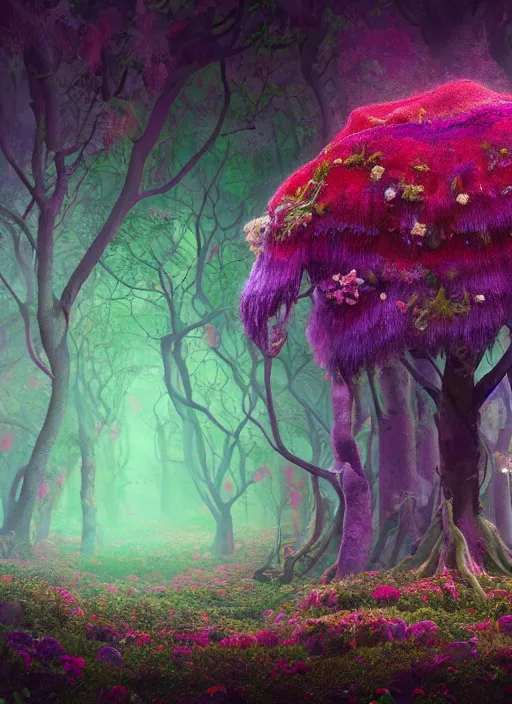 Prompt: a small psychedelic surreal horror giant made of multicolored psychotropic trees and flowers, magical creatures in the chaotic spirit forest, fulcolor octane reminder, cinematic, ultra - realistic