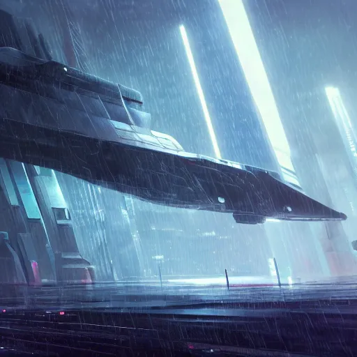 Image similar to rain, giant futuristic cyberpunk spaceship flying, blade runner, dense fog, bloom, cinematic contrasted lighting, ultra detailed, trending on artstation