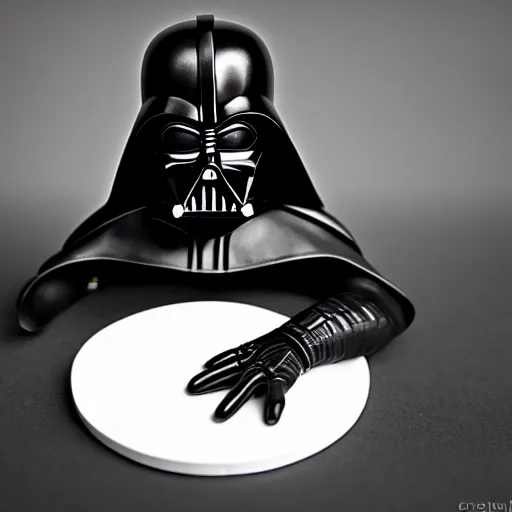 Prompt: a black and white darth vader figurine sitting on top of a table, a macro photograph by Craola, featured on zbrush central, mingei, made of rubber, goth, black background