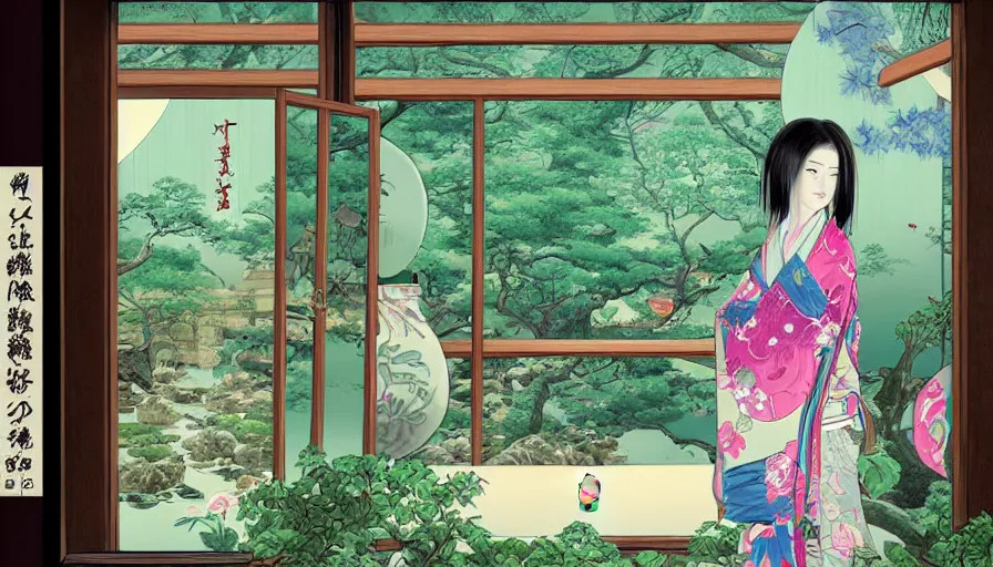 Image similar to zeenchin style digital painting of a beautiful girl in japan, looking out a window at a temple garden filled with yokai and spirits, deviant artist, zeen, uhd, high detail,