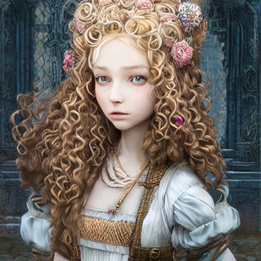 Prompt: character portrait of the white princess in the marketplace in the sky, color page, 4 k, tone mapping, doll, akihiko yoshida, james jean, andrei riabovitchev, marc _ simonetti, yoshitaka amano, digital illustration, braided hair, ringlet, curls