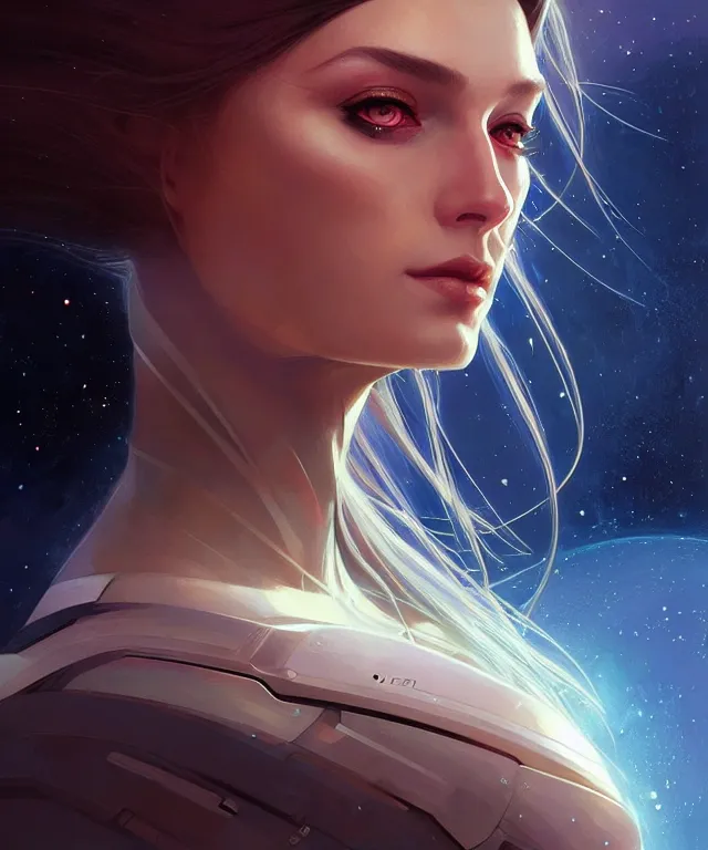 Image similar to futuristic space woman portrait, sci-fi, amber eyes, face, long hair, fantasy, intricate, elegant, highly detailed, digital painting, artstation, concept art, smooth, sharp focus, illustration, art by artgerm and greg rutkowski and alphonse mucha