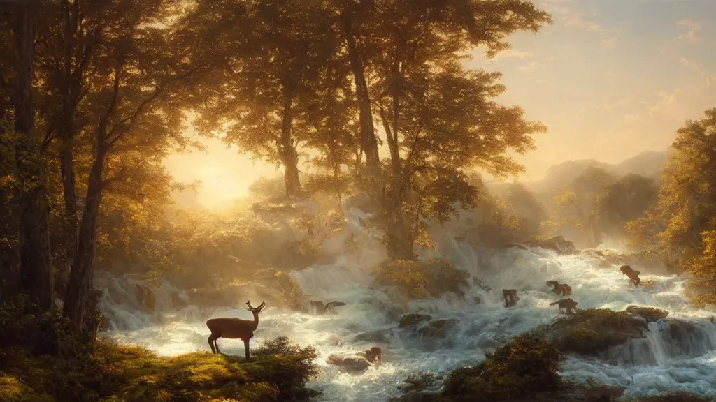 Image similar to the most beautiful panoramic landscape, oil painting, where a giant dreamy waterfall creates a river, the trees around are starting to bloom in a great variety of colors, a majestic deer is drinking water from the river and a ray light of the sunset is brightening him, by greg rutkowski