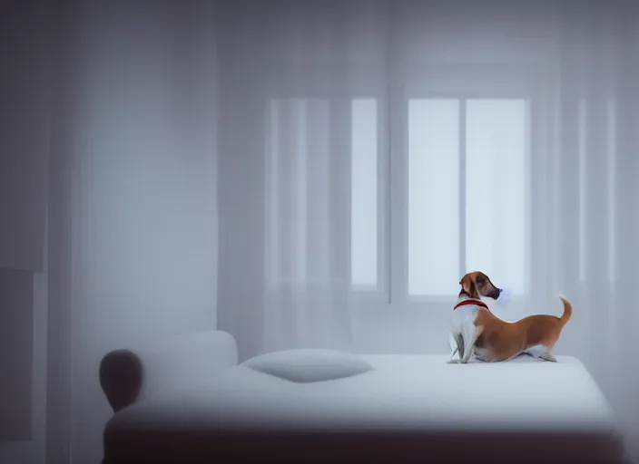 Image similar to photography of a Jack Russel watching outside the window on a bed in a 3d rendered white room, octane render, 3d, foggy, volumetric light, volumetric fog, photorealistic, unreal engine 5