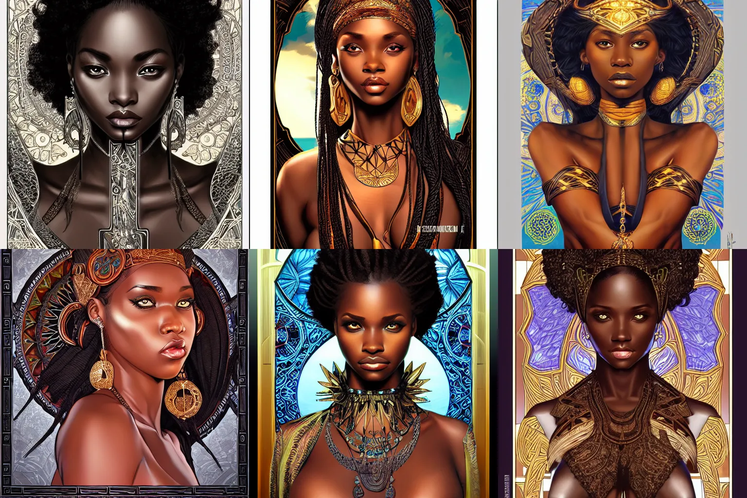 Prompt: black african princess, symmetric, highly detailed, concept art, intricate, sharp focus, illustration, rutkowski, alexandros pyromallis, artgerm, alphonse mucha