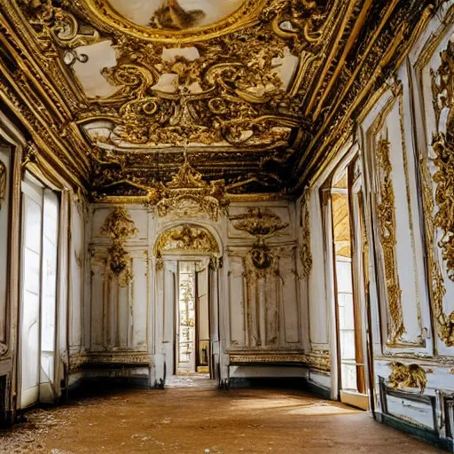 Prompt: inside opulent abandoned overgrown Palace of Versailles ,rich with epic details