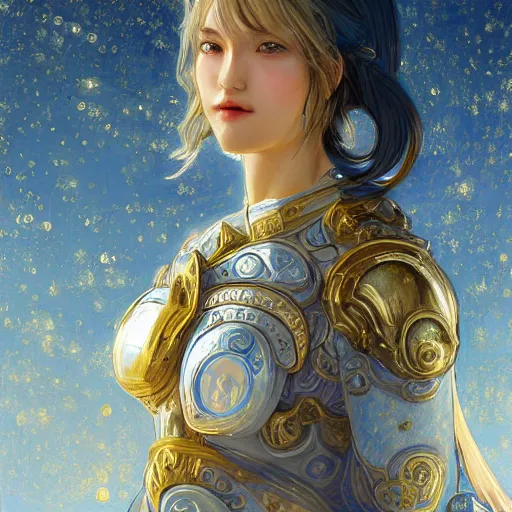 Prompt: portrait knights of Zodiac girl, white and metalic blue color reflected armor, in ruined Agora of Athens starry night, ssci-fi, fantasy, intricate, very very beautiful, elegant, golden light, highly detailed, digital painting, artstation, concept art, smooth, sharp focus, illustration, art by tian zi and WLOP and alphonse mucha