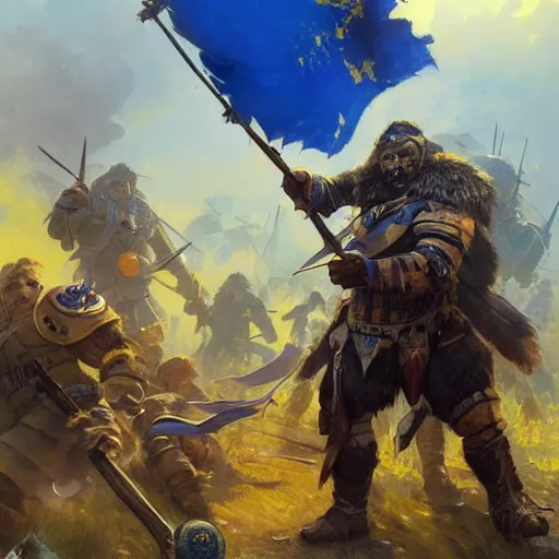 Image similar to Ukrainian warrior with Ukrainian blue and yellow flag successfully fights russian and soviet orcs, epic, highly detailed, 8k digital painting, artstation, concept art, smooth, sharp focus, illustration, art by artgerm and greg rutkowski and alphonse mucha