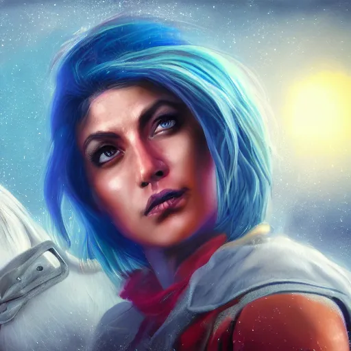 Image similar to A hyper real comic book style portait painting of a close up of Annita, the singer, riding a horse on the moon, her face is clearly visible, unreal 5, hyperrealistic, octane render, cosplay, RPG portrait, dynamic lighting