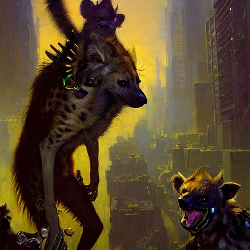 Image similar to portrait of a hyena gnoll dentist. shadowrun furaffiniy cyberpunk fantasy highly detailed painting by gaston bussiere craig mullins jc leyendecker gustav klimt artgerm greg rutkowski john berkey, bergey, craig mullins, ruan jia, raymond swanland, jeremy mann, tom lovell, alex malveda