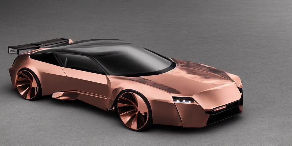 Prompt: a design of a futuristic DMC Delorian, designed by Polestar, blade runner background, front and back view, rose copper car paint with white line accent detailing, black windows, sportscar, dark show room, dramatic lighting, hyper realistic render, depth of field