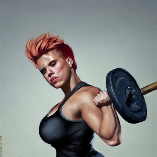 Prompt: greg manchess portrait of scarlett johansson as roided thick very muscular weightlifter zarya from overwatch with short blond hair and ponytail, fantasy, medium shot, asymmetrical, profile picture, organic painting, sunny day, matte painting, bold shapes, hard edges, street art, trending on artstation, by huang guangjian and gil elvgren and sachin teng