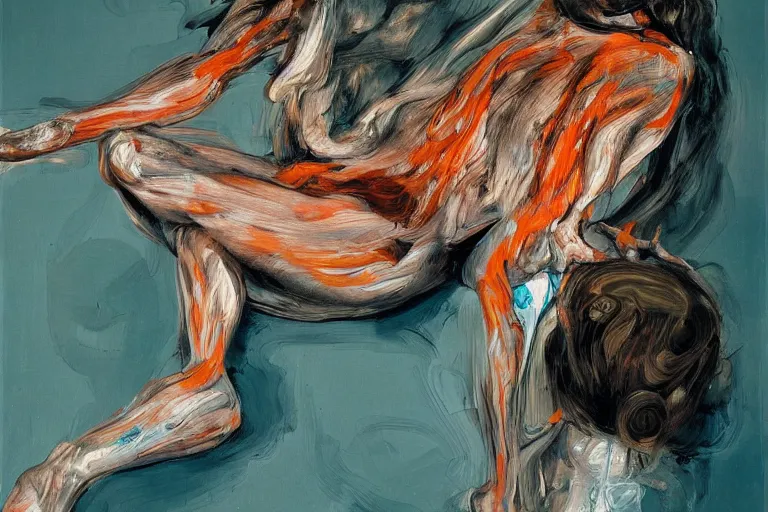 Image similar to high quality high detail painting of a ballerina in agony by lucian freud and jenny saville and francis bacon, hd, dark demonic dancer, turquoise and orange