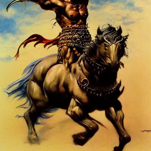 Image similar to barbarian warrior riding a chariot by Boris Vallejo and Frank Frazetta