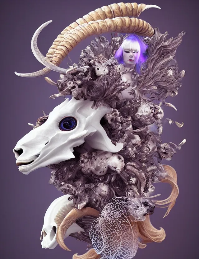 Image similar to 3 d goddess goat skull half - turn portrait with long hair with ram skull. beautiful intricately detailed japanese crow kitsune mask and clasical japanese kimono. betta fish, jellyfish phoenix, bio luminescent, plasma, ice, water, wind, creature, artwork by tooth wu and wlop and beeple and greg rutkowski