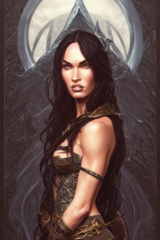 Image similar to portrait of megan fox as an elven mage, dark, piercing eyes, gentle expression, elegant clothing, photorealistic, highly detailed, artstation, smooth, sharp focus, art by michael whelan, artgerm, greg rutkowski and alphonse mucha