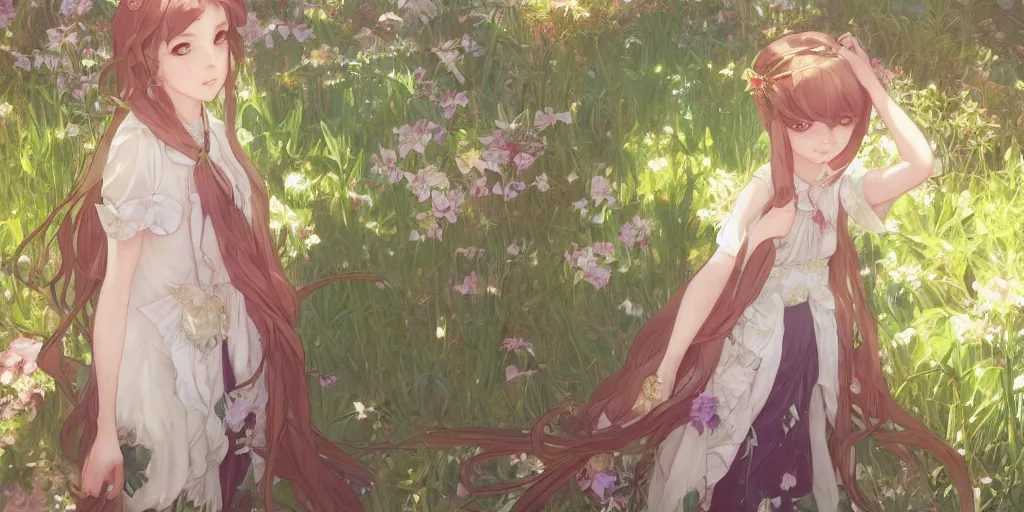 Image similar to a digital art of a loli with long hair in a dress in the privet garden at after noon, by krenz cushart and mucha and greg rutkowski and makoto shinkai, detailed eyes, 4 k resolution 、 trending on art station