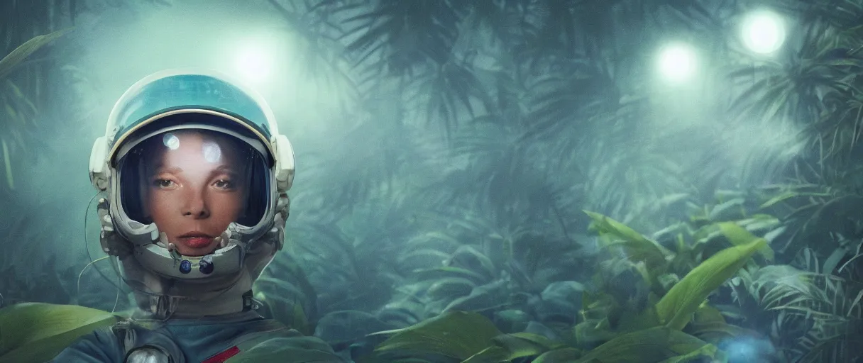 Prompt: close - up portrait of space astronaut flying inside tropical jungle with palm leaves, small foggy and gloomy, blue helmet lights, 6 0 mm full - frame, bokeh background, highly detailed science fiction illustration by jeremy geddes. photorealistic, octane render, hyper detailed, 8 k, movie still, artstation, unreal engine