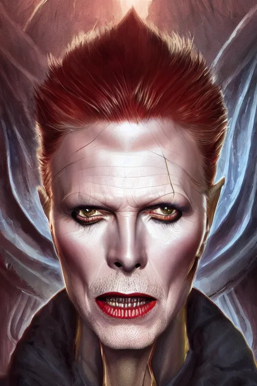 Image similar to ultra realistic illustration, vampire king david bowie from diablo and baldurs gate, intricate, elegant, highly detailed, digital painting, artstation, concept art, smooth, sharp focus, illustration, art by artgerm and greg rutkowski and alphonse mucha