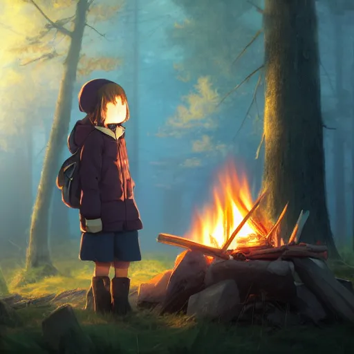 Image similar to yuru camp anime campfire hyperdetailed blue eyes, trending on artstation, cinematic lighting, highly realistically detailed, trending on pixiv , Unreal Engine 4k, detailed faces, manga cover, official anime key visual by greg rutkowski