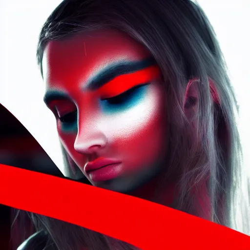 Image similar to A close-up of a beautiful girl with a surreal makeup reminding the swiss flag, octane render, bokeh, cyberpunk vibes, neons on the background