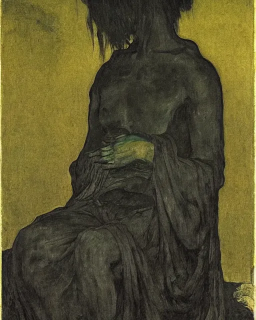 Prompt: a seated portrait of a dead figure and black dog,  Francisco Goya painting, part by Beksiński and EdvardMunch. art by Takato Yamamoto and Edvard Munch, Francis Bacon masterpiece