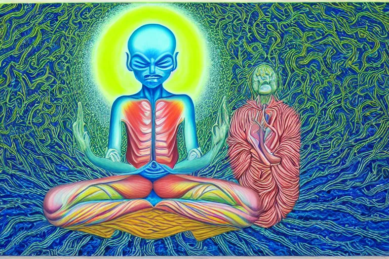 Image similar to painting of a depressed alien meditating under a tree by alex grey, acrylic art, sad, soothing, somber, elegant, soft light,