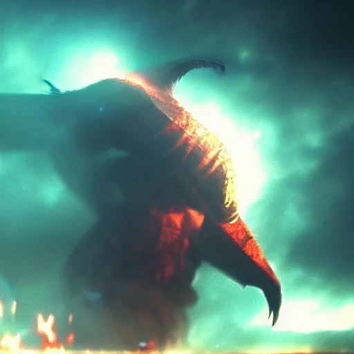 Image similar to low - resolution filmstill of a kaiju monster, fog, smoke, fire, red and blue hues, thriller, underdeveloped, flare, epic, dramatic