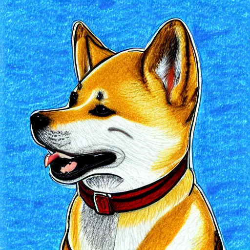 Image similar to A drawing of a Shiba Inu dog wearing a soldier's helmet, color