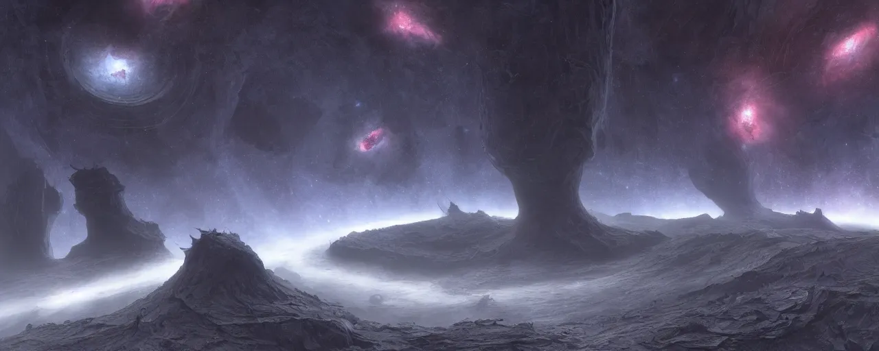 Prompt: dark galaxy panorama by wayne barlowe, octane render