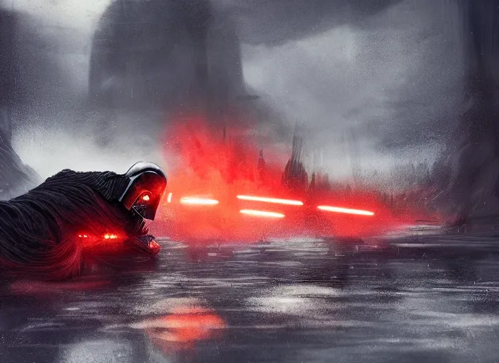 Image similar to darth vader burning on the floor, beautiful landscape, dramatic lighting, cinematic, establishing shot, night time, heavy rain, extremly high detail, photorealistic, cinematic lighting, epic fight scene, post processed, concept art, artstation, matte painting, style by greg rutkowsky