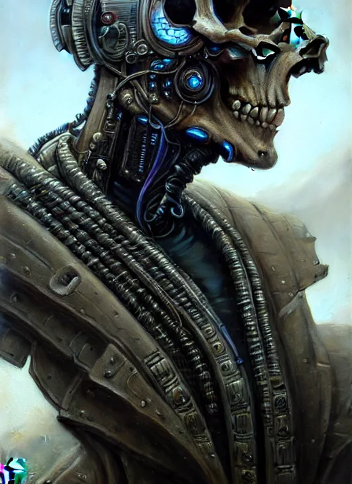 Image similar to closeup portrait shot of a cyberpunk skull in a scenic dystopian environment, intricate, elegant, highly detailed, centered, digital painting, artstation, concept art, smooth, sharp focus, illustration, artgerm, tomasz alen kopera, peter mohrbacher, donato giancola, joseph christian leyendecker, wlop, boris vallejo