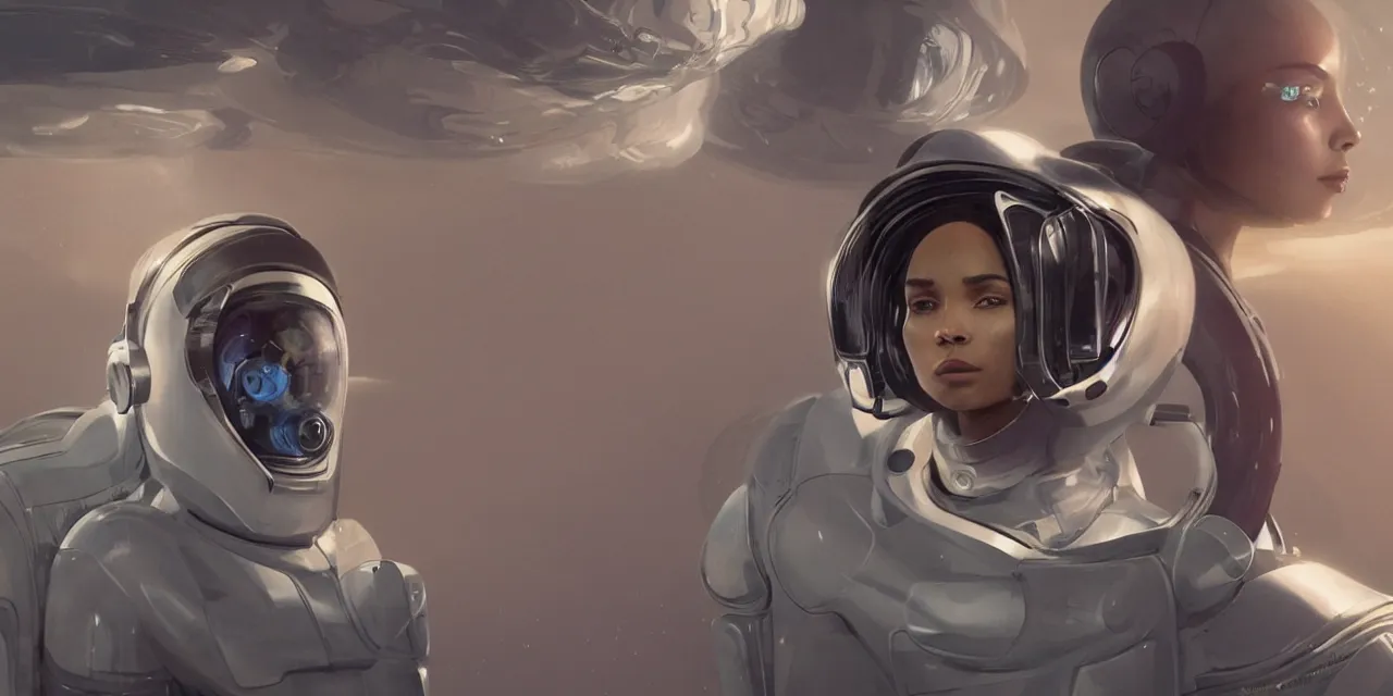 Image similar to Zoe Kravitz with short hair as a futuristic astronaut, helmet with led lights, underwater in the ocean at night, dark water, volumetric lighting, glowing lights, 4k, octane, digital painting, artstation, concept art, sharp focus, illustration, cinematic film still, art by artgerm and greg rutkowski and alphonse mucha , wide angle view,