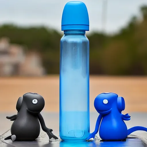 Prompt: water bottle with arms and legs fighting a mice