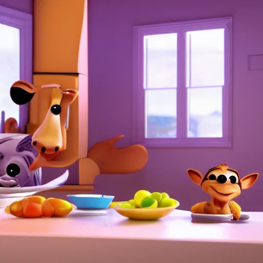 Prompt: pixar animals doing the dishes in the kitchen, Cinecolor, 32k, Ray Tracing Global Illumination