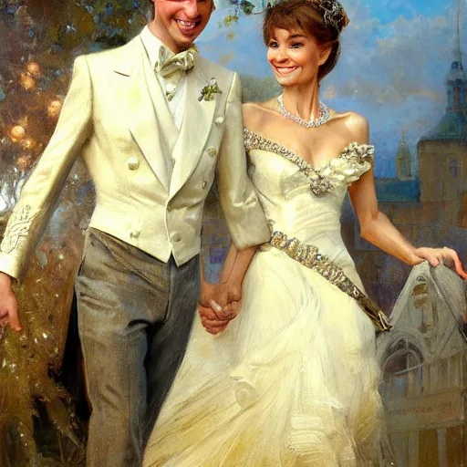 Image similar to detailed painting of young prince william marrying attractive audrey hepburn, highly detailed painting by gaston bussiere, craig mullins, j. c. leyendecker 8 k, smiling couple, royal painting, human face