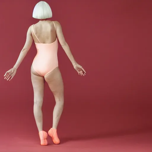 Image similar to sia furler standings with her back to the camera wearing a skin colored peach thong one piece leotard full body artistic photoshoot pose from behind