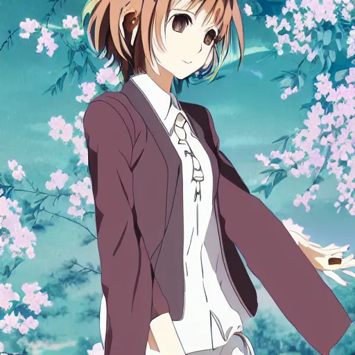 Prompt: Detailed anime key visual of a beautiful Japanese woman with short brown hair, shoulder-length; wearing a white shirt with a floral pattern; Official media