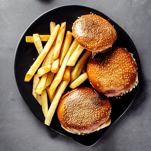 Prompt: sideview of burgers and fries on a plate