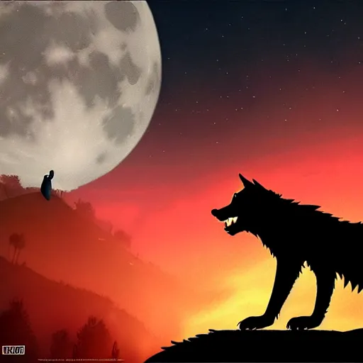 Image similar to werewolf howling to the shiny moon, red sky, 4 k, cinematic composition, dark fantasy, hyper detailed