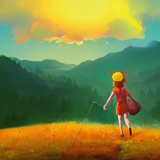 Image similar to giant daisy flower head, girl hiking in the mountains, surreal photography, sunrise, dramatic light, impressionist painting, colorful clouds, digital painting, artstation, simon stalenhag