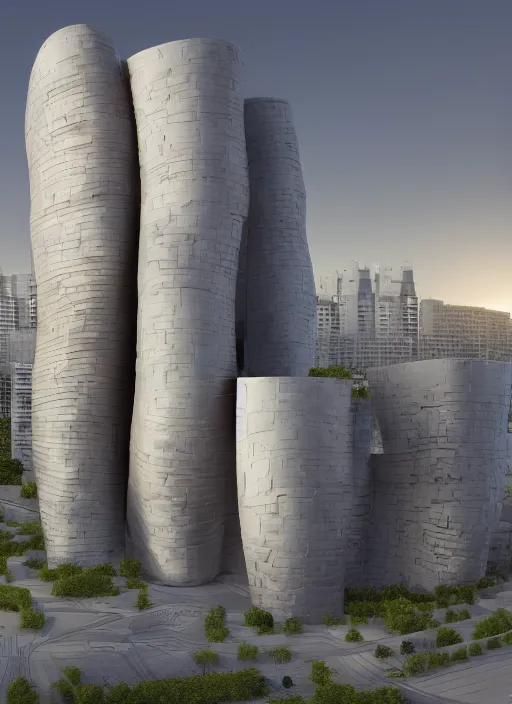 Image similar to highly detailed realistic architecture 3 d render of a futurisctic stele in frank gehry style made from atom models standing near a highway, archdaily, made in unreal engine 4 octane render