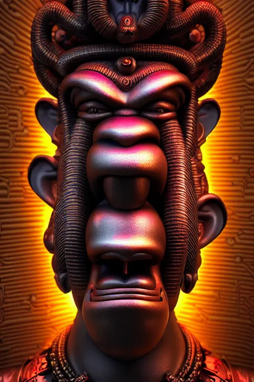 Image similar to high quality 3 d render post - rococo cyberpunk hanuman! head building, neon madhubani, open mouth, highly detailed, in sci - fi mumbai, cinematic smooth unreal engine, lee madgwick & liam wong, dramatic light, low angle, uhd 8 k, sharp focus