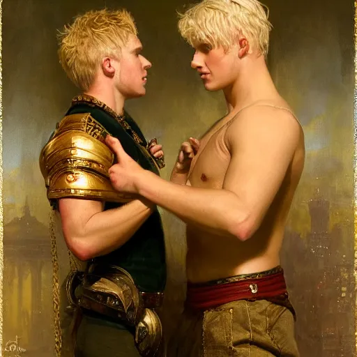 Image similar to attractive male, arthur pendragon who has blond hair confesses his love to attractive male, merlin who has dark hair. highly detailed painting by gaston bussiere, craig mullins, j. c. leyendecker 8 k