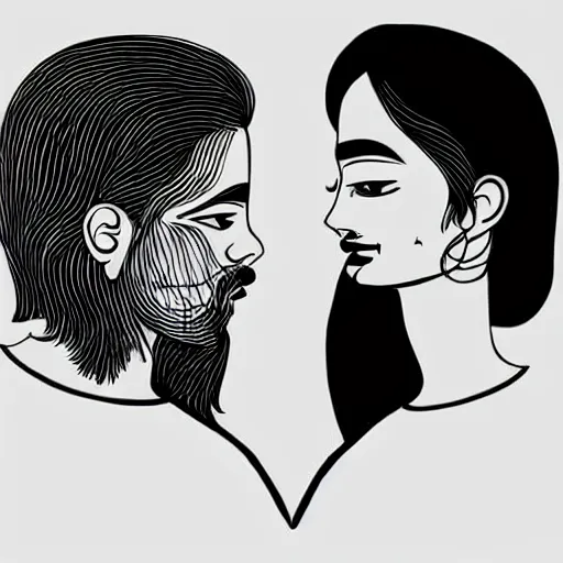 Image similar to perfectly centered symmetrical split male and female portrait of young indian man and woman in love sharing one heart. illustration, highly detailed, simple, no jagged lines, smooth, artstation, artwork by chip zdarsky