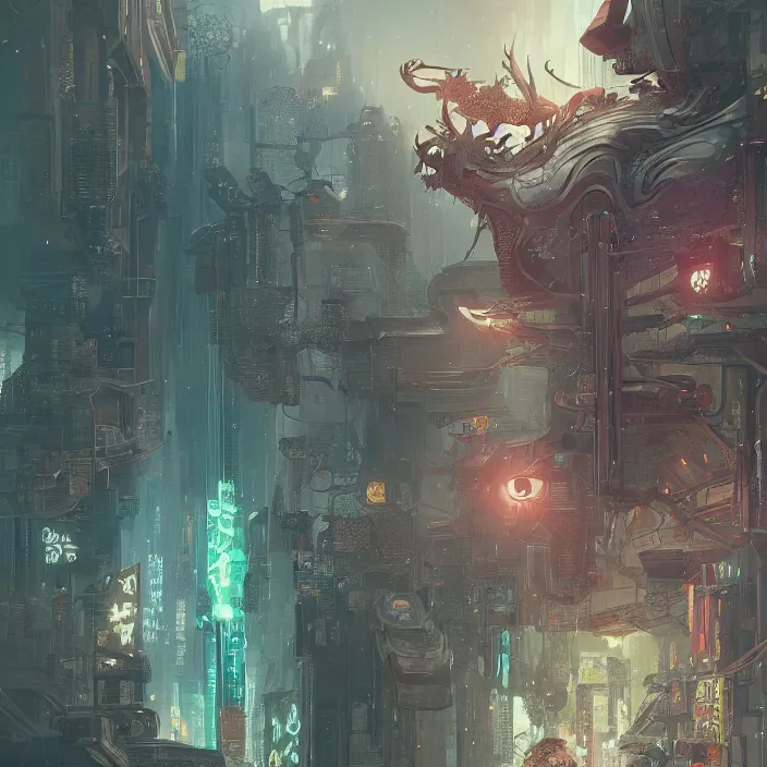 Prompt: concept art by xision ， victo ngai and lfons mucha, greg rutkowski, portrait of cyberpunk dragon, dim lighting, detailed portraits, unreal engine 5, highly rendered,, digital painting, artstation, concept art, smooth, sharp foccus ilustration, detailed and intricate environment ， artstation hq