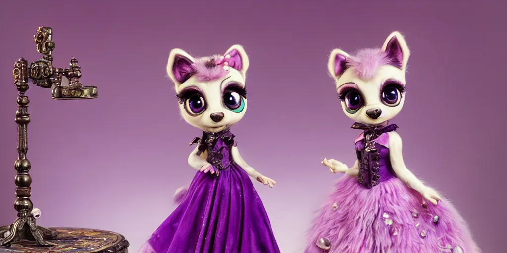 Image similar to 3 d purple littlest pet shop purple raccoon, vintage gothic gown, gumball machine, real fur, smiling, lace, master painter and art style of noel coypel, art of emile eisman - semenowsky, art of edouard bisson
