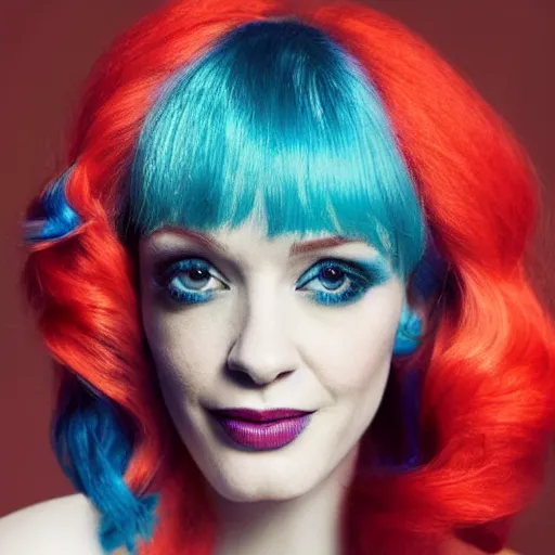 Image similar to An HD fashion editorial photo of Christina Hendricks with vivid blue hair. Portraiture photography.