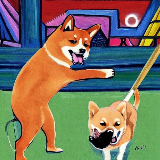 Prompt: shiba inu dog, baseball bat bonk, dog swinging bat 🐶 🏏 🎨🖌